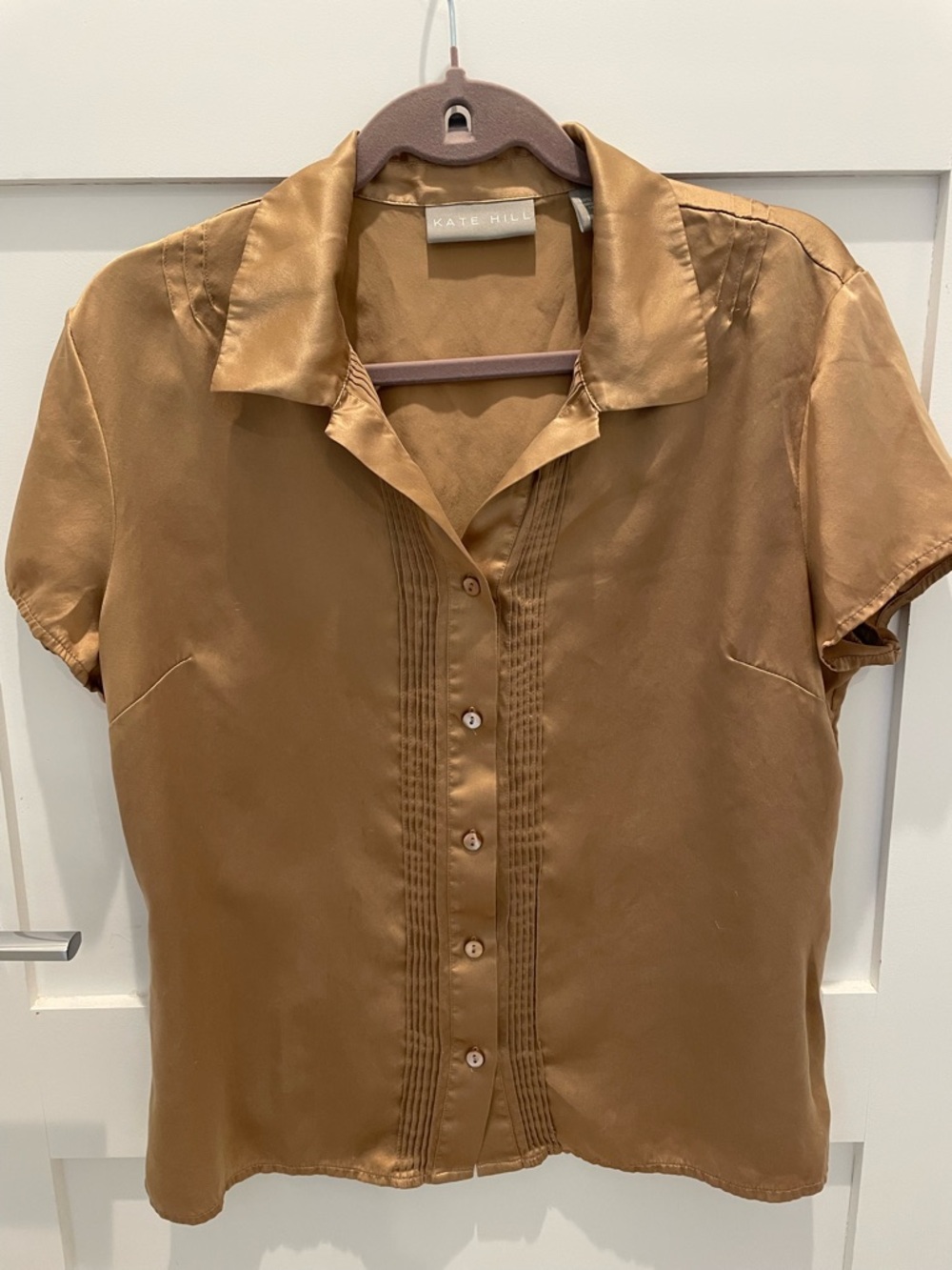 Kate Hill Satin Short-Sleeve Button Front Blouse in Camel
